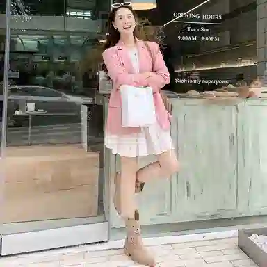 美洋 蝴蝶结 麻感花纱后开叉绑带通勤休闲西装 女