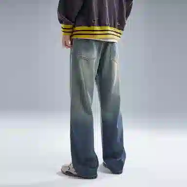 童先森 美式高街复古做旧宽松直筒微喇牛仔裤 男款