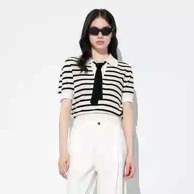 太平鸟 翻领条纹线套衫短款针织衫 女款