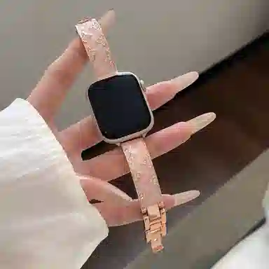 潮流腕 表带 苹果适用 金属材质 镶钻鎏金可调节表带三叶手镯夏日男女通用