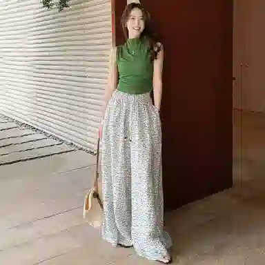 美洋 花纱色织涂鸦手绘慵懒宽松阔腿休闲裤 女款 米色