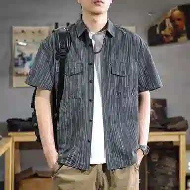 遨宇 美式高端休闲潮牌泡泡肌理感冰丝凉感衬衫男薄款户外痞帅休闲工装短袖衬衣 男女同款