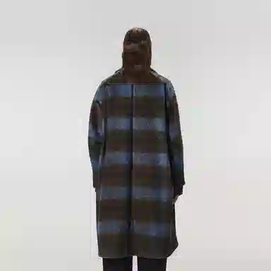 速写 格纹宽松中长款翻领大衣 男女同款 蓝绿系组合