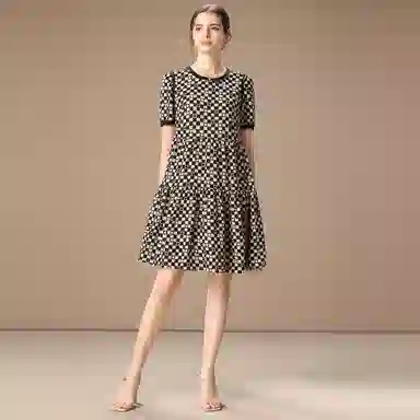 粉红玛琍 春 格子印花短袖连衣裙 宽松 女款 棋盘格