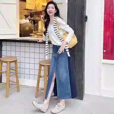 美洋 双生牛仔裙 小众拼接卫裙松紧腰前开叉直筒牛仔长裙 女款 蓝色