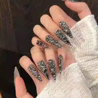 凡泽 枪灰色超闪满钻 暗黑爆款外贸欧美风  穿戴甲 尖型黑色纯色 爆闪