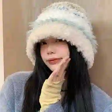 恩僾德 毛绒绒条纹帽子女显脸小针织可爱护耳高颜值小众百搭保暖防寒东北川西穿搭 聚酯纤维 绒线帽 男女同款情侣款