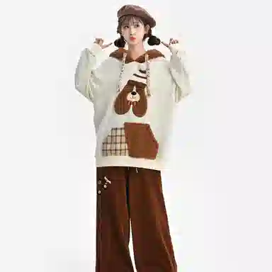 森女部落 潦草小狗闺蜜装连帽萌趣风拼贴套头可爱卫衣 女款