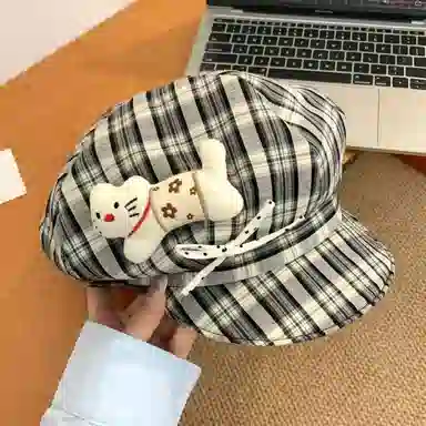 恩僾德 宅系小猫蝴蝶结格纹八角帽可爱显脸小高颜值甜美百搭帽子潮#好运 涤纶 贝雷帽 男女同款情侣款