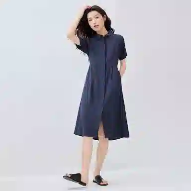 佐丹奴 收腰纯色翻领简约百搭短袖连衣裙 女款