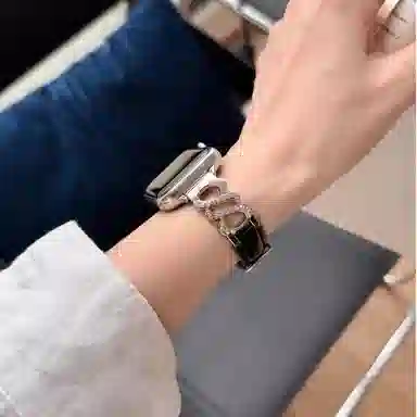 老佳 苹果适用 手表表带 牛皮材质 镶钻金属拼皮表带男女通用
