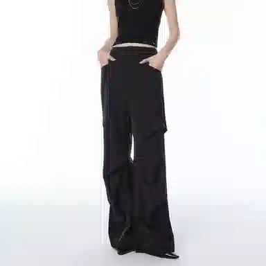 太平鸟 撞钉伞兵直筒纯色休闲裤 女款 乌黑