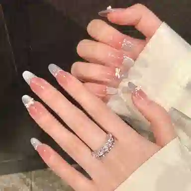 凡泽 春日蝴蝶结猫眼气质温柔  穿戴甲 椭圆中长款长款粉色渐变 法式
