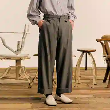 速写 绵羊毛宽松直筒休闲裤 男款 杂黑