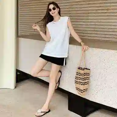 美洋 前后交叉分割设计圆领休闲无袖背心 女款 白色