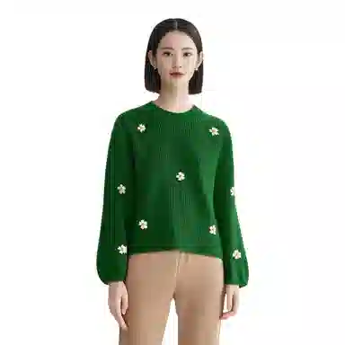红蜻蜓 圆领花朵刺绣简约套头长袖针织衫 女款