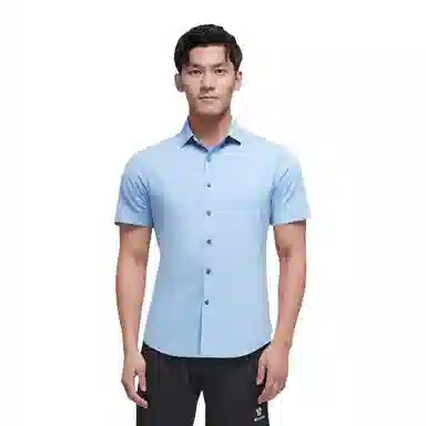才子 尖领纯色单排扣休闲短袖衬衫 男款 海水蓝
