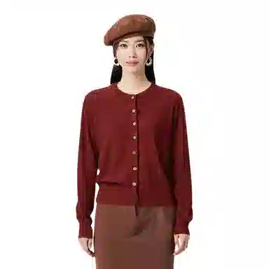 恒源祥 圆领纯色长袖单排扣开衫毛衣 女款