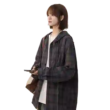 佑麟 美式复古连帽格子衬衫男长袖潮牌情侣泡泡纱衬衣夏季薄款防晒外套上衣 男女同款