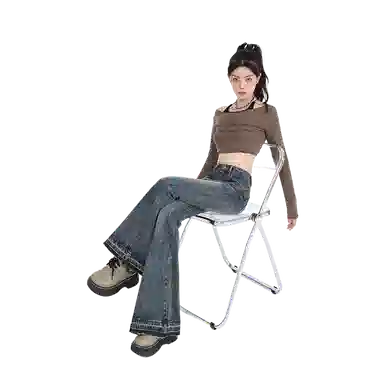 么宁 时尚微喇叭高腰牛仔裤 女款 复古蓝