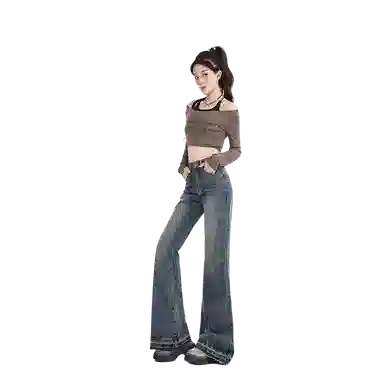 么宁 时尚微喇叭高腰牛仔裤 女款 复古蓝