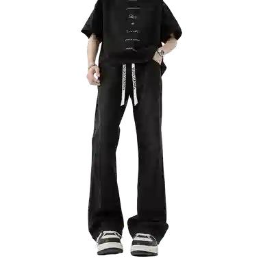 布客行 美式复古废土风水洗直筒修身基础款高街透气舒适亲肤休闲百搭微喇弯刀纯色抽绳弹力长裤牛仔裤 男女同款