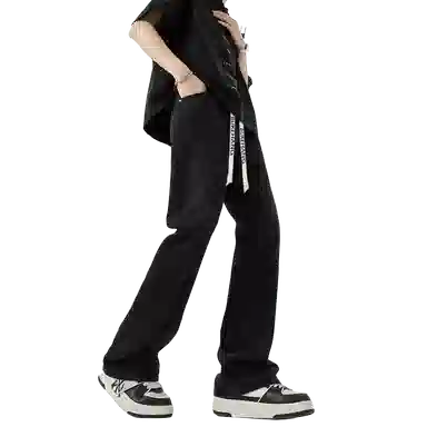 布客行 美式复古废土风水洗直筒修身基础款高街透气舒适亲肤休闲百搭微喇弯刀纯色抽绳弹力长裤牛仔裤 男女同款