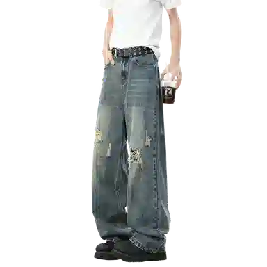 大卫贝肯 美式复古高街风水洗磨破设计舒适亲肤透气直筒长裤通勤百搭垂感休闲中腰宽松破洞牛仔裤 男女同款