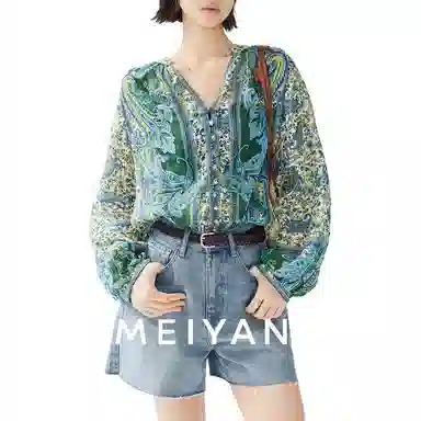 美洋 古着风情苎麻印花雪纺衫 女款