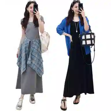 美洋 弹力简约圆领纯色常规短袖连衣裙 女款