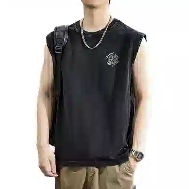 遨宇 美式新中性未来主义高级简约风纯棉重磅水洗情侣潮流印花痞帅无袖休闲坎肩背心 男女同款