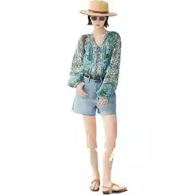 美洋 古着风情苎麻印花雪纺衫 女款