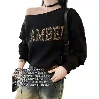 美洋 宽松字母贴布绣斜肩卫衣 女款