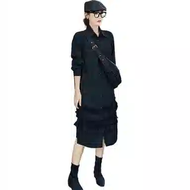 美洋 冰丝微皱翻领长袖连衣裙 女款