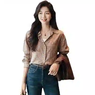 美洋 宽松长袖格纹衬衫 女款