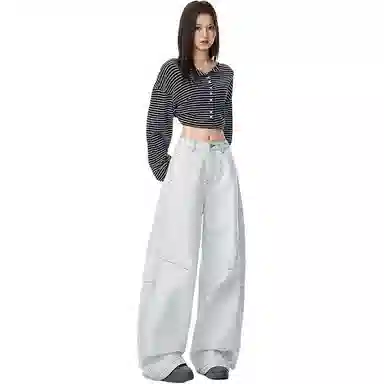 淑好百 拼接撞色秋季宽松休闲高腰牛仔裤 女款