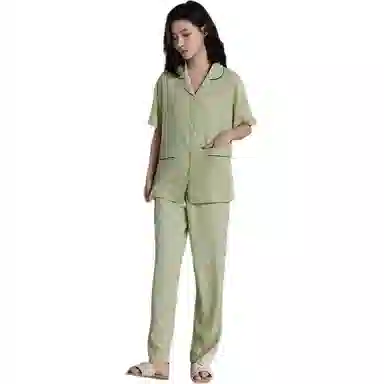 欧迪芬 高级简约短袖格纹常规翻领长裤睡衣套装 女款