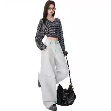 淑好百 拼接撞色秋季宽松休闲高腰牛仔裤 女款