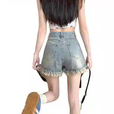 邓大喵 美式复古辣妹破洞毛边流苏高腰牛仔夏季设计宽松裤子短裤 女款