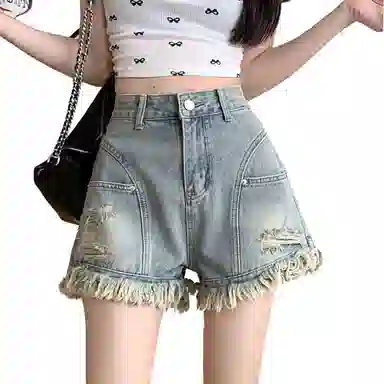 邓大喵 美式复古辣妹破洞毛边流苏高腰牛仔夏季设计宽松裤子短裤 女款