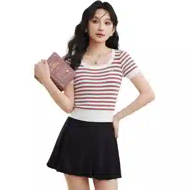 爱依服 通勤气质条纹短袖套头针织衫 女款