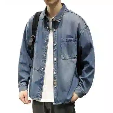 路杰邦 牛仔外套男秋季潮牌宽松时尚开衫工装翻领长袖夹克衣服衬衫 男款