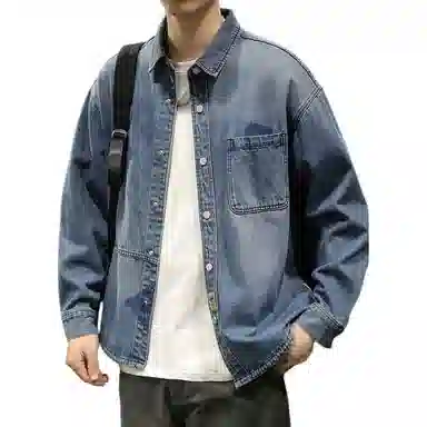 路杰邦 牛仔外套男秋季潮牌宽松时尚开衫工装翻领长袖夹克衣服衬衫 男款