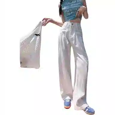 欧迪芬 韩式辣妹天菜小个子女神裤显瘦梨形身材白色皱褶窄版休闲裤子女士春夏秋显高腰遮肉直筒垂感拖地阔腿裤通勤百搭潮流女牛仔裤 女款