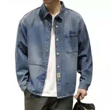 路杰邦 牛仔外套男秋季潮牌宽松时尚开衫工装翻领长袖夹克衣服衬衫 男款