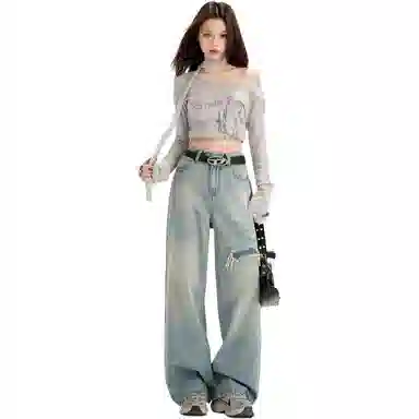 淑好百 复古水洗磨损高腰牛仔裤 女款