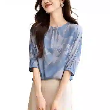 曲韩 复古印花圆领五分袖衬衫 女款