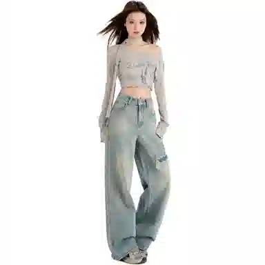 淑好百 复古水洗磨损高腰牛仔裤 女款