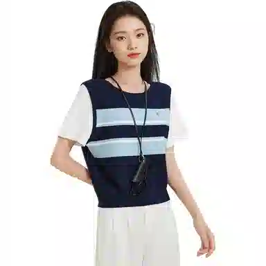 爱依服 通勤气质条纹短袖针织衫 女款