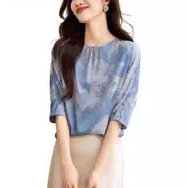 曲韩 复古印花圆领五分袖衬衫 女款